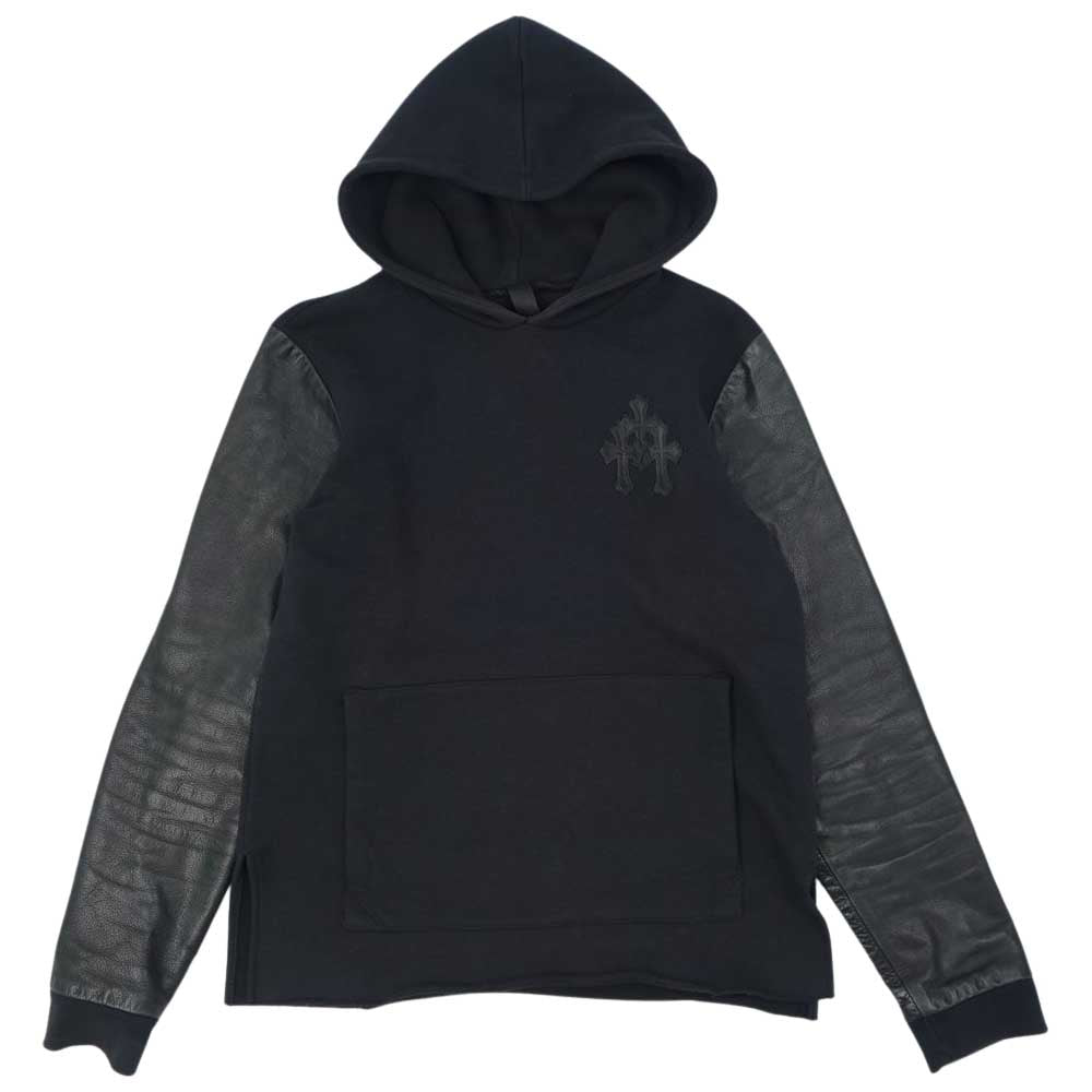 CHROME HEARTS クロムハーツ（原本無） SLIT HD PLVR CH クロスパッチ レザー切替 サイドスリット プルオーバー パーカー ブラック系 M【中古】
