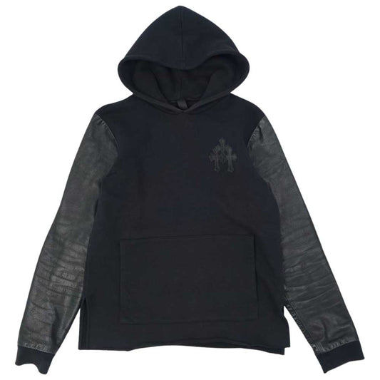 CHROME HEARTS クロムハーツ（原本無） SLIT HD PLVR CH クロスパッチ レザー切替 サイドスリット プルオーバー パーカー ブラック系 M【中古】