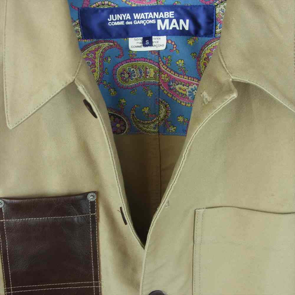 JUNYA WATANABE COMME des GARCONS MAN ジュンヤワタナベコムデギャルソンマン WJ-J405 エルヴィエ・プロダクションズ HERVIER PRODUCTIONS AD2012 レザーポケット カバーオール ジャケット ベージュ系 S【中古】