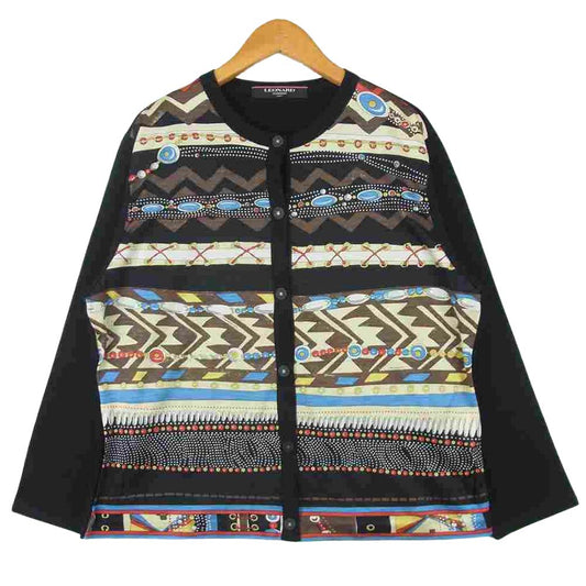 LEONARD レオナール 0329131 切替 柄 ウール シルク カーディガン 日本製 ブラック系 LL【中古】