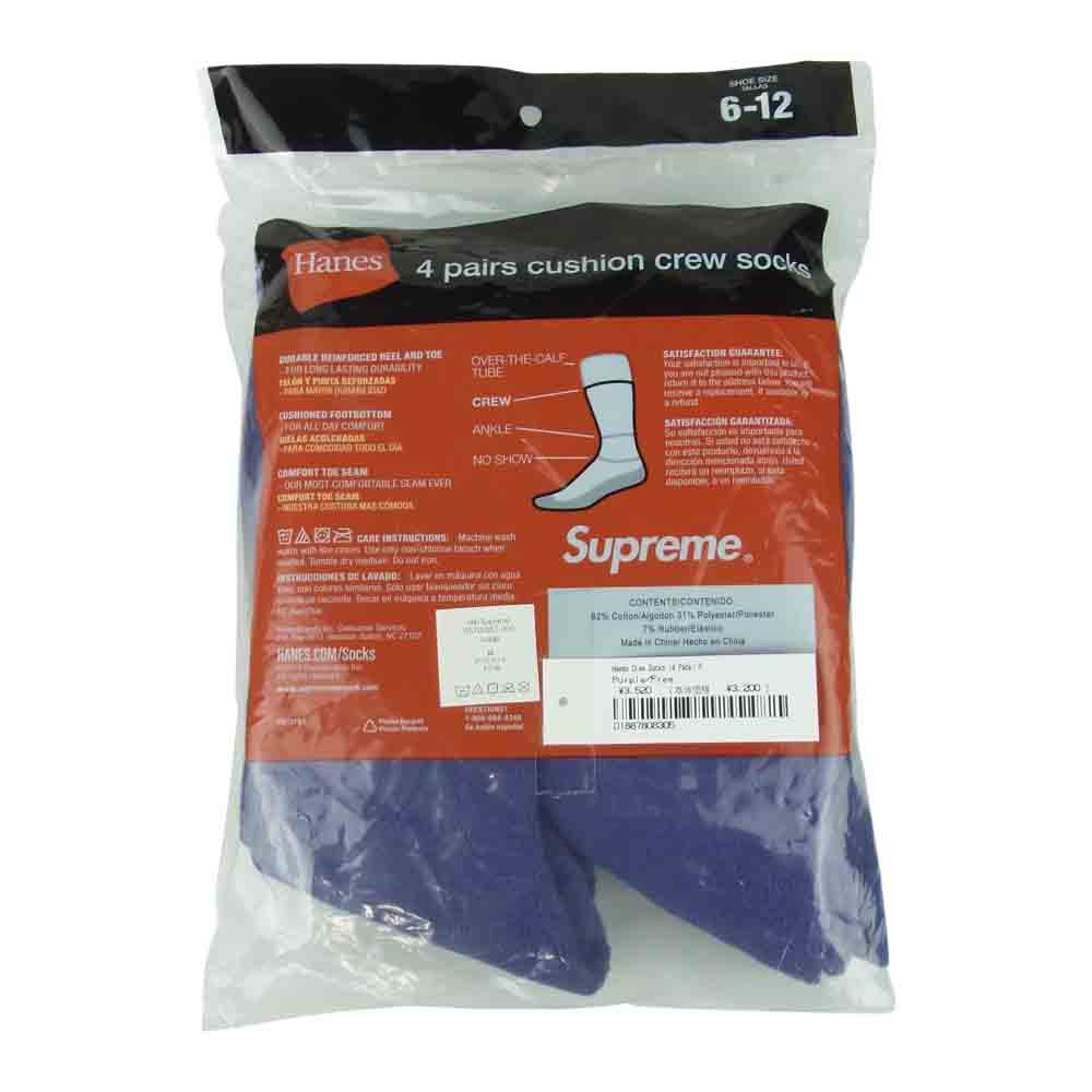 Supreme シュプリーム 21SS HANES 4PAIRS CUSHION CREW SOCKS シュプリーム ヘインズ クルーソックス パープル系 6-12【新古品】【未使用】【中古】