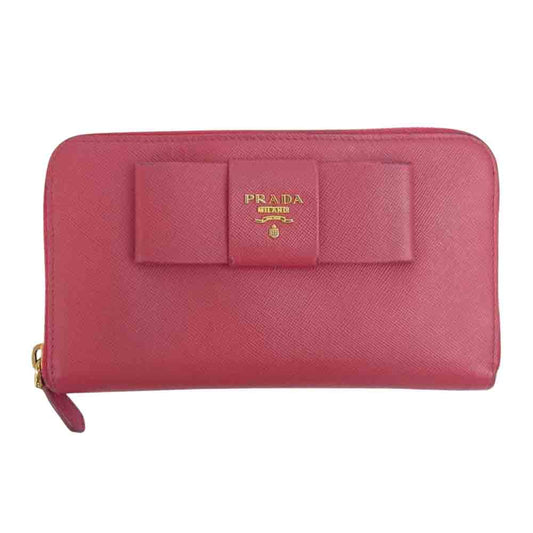 PRADA プラダ 1M0506 サフィアーノ リボン ラウンドファスナー ウォレット レッド系 F0505 PEONIA TU【中古】