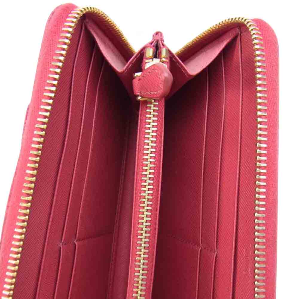 PRADA プラダ 1M0506 サフィアーノ リボン ラウンドファスナー ウォレット レッド系 F0505 PEONIA TU【中古】