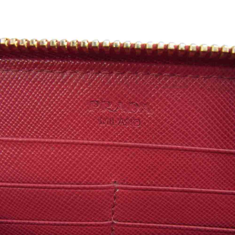 PRADA プラダ 1M0506 サフィアーノ リボン ラウンドファスナー ウォレット レッド系 F0505 PEONIA TU【中古】