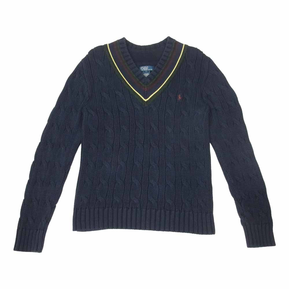 POLO RALPH LAUREN ポロ・ラルフローレン Vネック ケーブル編み コットン チルデン ニット セーター ネイビー系 L【中古】