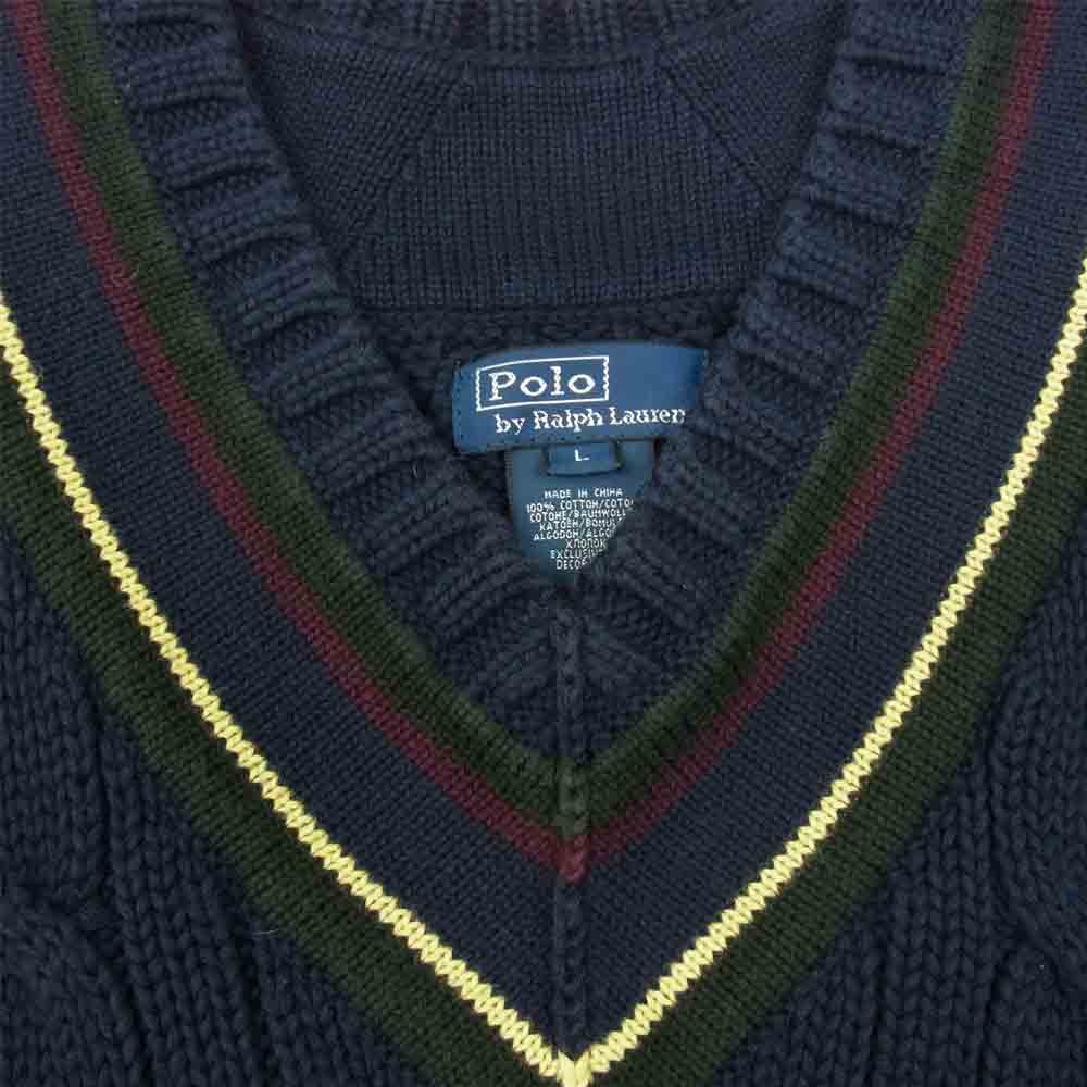 POLO RALPH LAUREN ポロ・ラルフローレン Vネック ケーブル編み コットン チルデン ニット セーター ネイビー系 L【中古】
