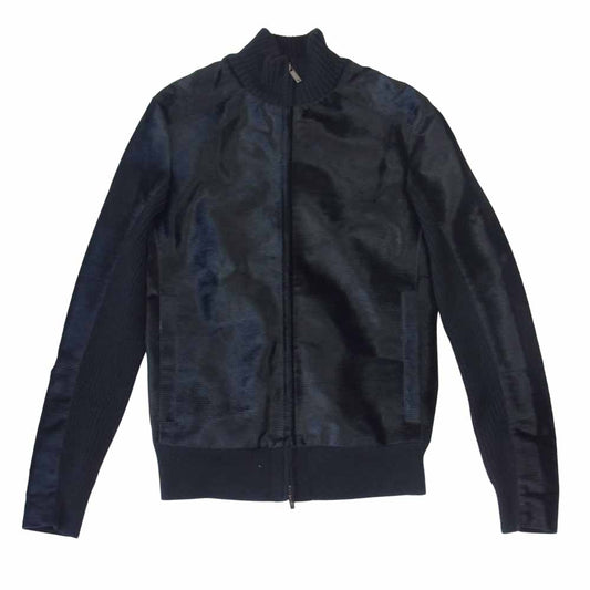 Emporio Armani エンポリオ・アルマーニ 牛毛ハラコ ウールニット 部分レザー使い ジップアップ ジャケット ブラック系 46【中古】