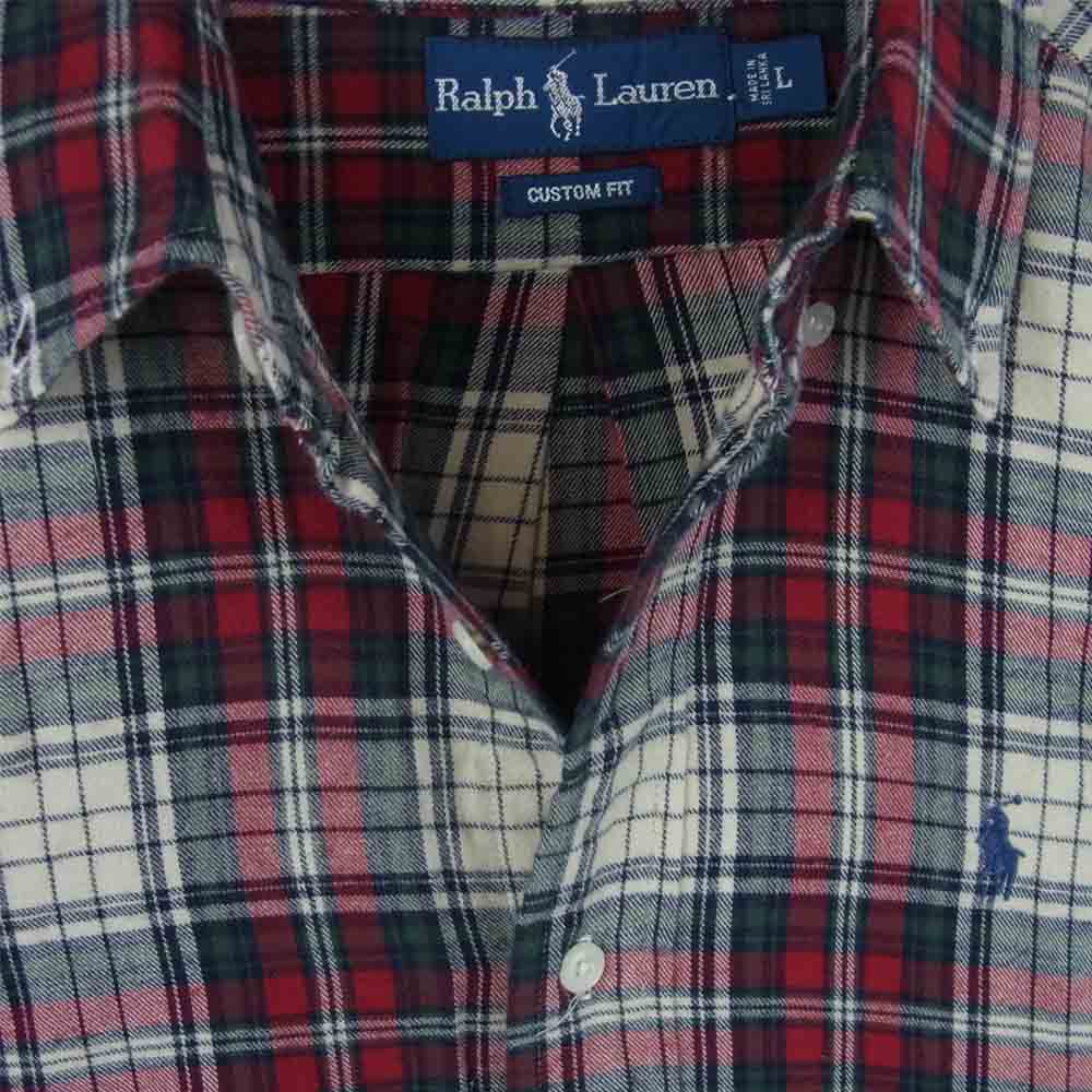 RALPH LAUREN ラルフローレン CUSTOM FIT ポニー刺繍 チェック フランネル ボタンダウン 長袖 シャツ レッド系 L【中古】