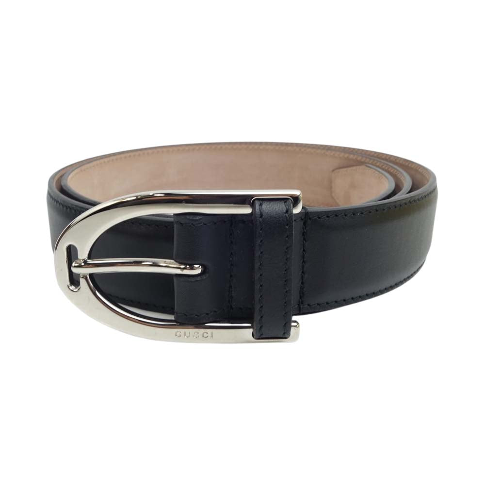 GUCCI グッチ シルバー バックル レザー ベルト ブラック系【美品】【中古】