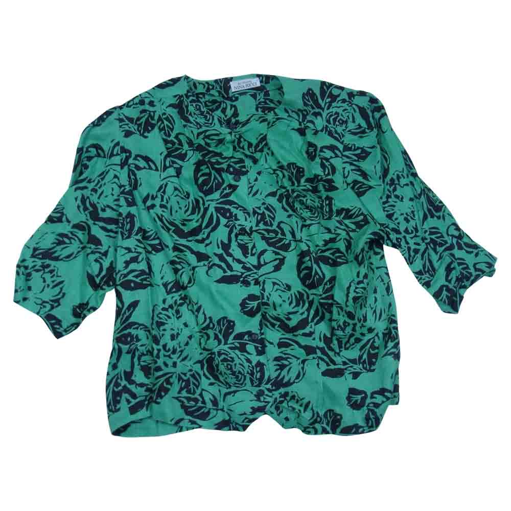 NINA RICCI ニナリッチ リネン100％ フラワー柄 リボン ブラウス リネン グリーン系 11【中古】