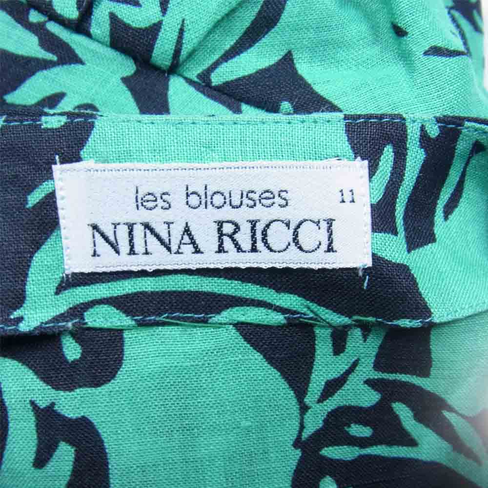 NINA RICCI ニナリッチ リネン100％ フラワー柄 リボン ブラウス リネン グリーン系 11【中古】