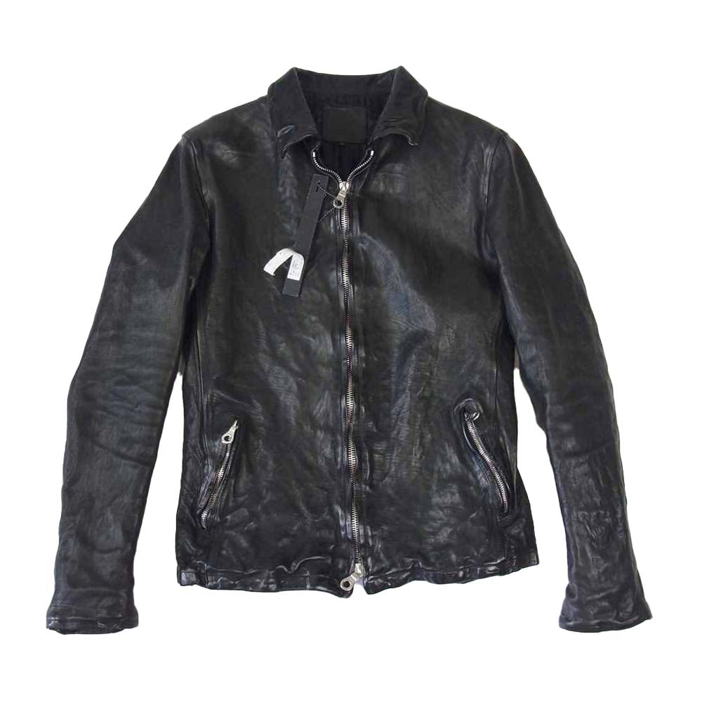 ISAMUKATAYAMA BACKLASH イサムカタヤマバックラッシュ 1498-02 JAPANESE CALF LEATHER JAKET ジャパンカーフ 製品染め 襟付き レザー ライダース ブラック系 2【中古】
