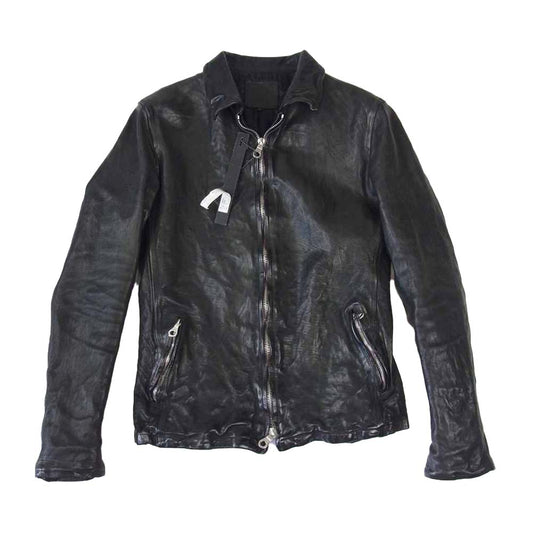 ISAMUKATAYAMA BACKLASH イサムカタヤマバックラッシュ 1498-02 JAPANESE CALF LEATHER JAKET ジャパンカーフ 製品染め 襟付き レザー ライダース ブラック系 2【中古】