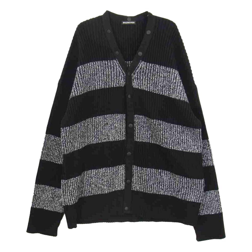 BALENCIAGA バレンシアガ 20SS 606898 T3162 BB CARDIGAN バックBBロゴ ボーダー スナップ カーディガン ブラック系 L【美品】【中古】