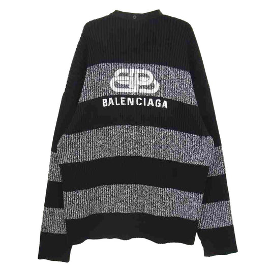 BALENCIAGA バレンシアガ 20SS 606898 T3162 BB CARDIGAN バックBBロゴ ボーダー スナップ カーディガン ブラック系 L【美品】【中古】