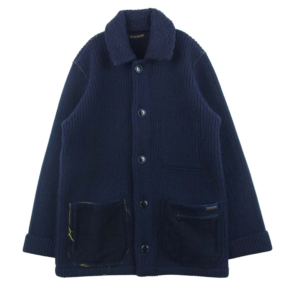BLUE BLUE ブルーブルー 襟ボア 圧縮 ウール ニット ジャケット ネイビー系 2【中古】