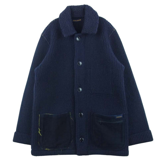 BLUE BLUE ブルーブルー 襟ボア 圧縮 ウール ニット ジャケット ネイビー系 2【中古】