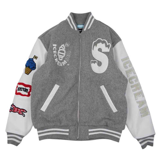 WIND AND SEA ウィンダンシー × ICECREAM アイスクリーム VARSITY JACKET ICJP215SX004 袖レザー 切替 ヴァーシティ ジャケット グレー系 ホワイト系 S【新古品】【未使用】【中古】