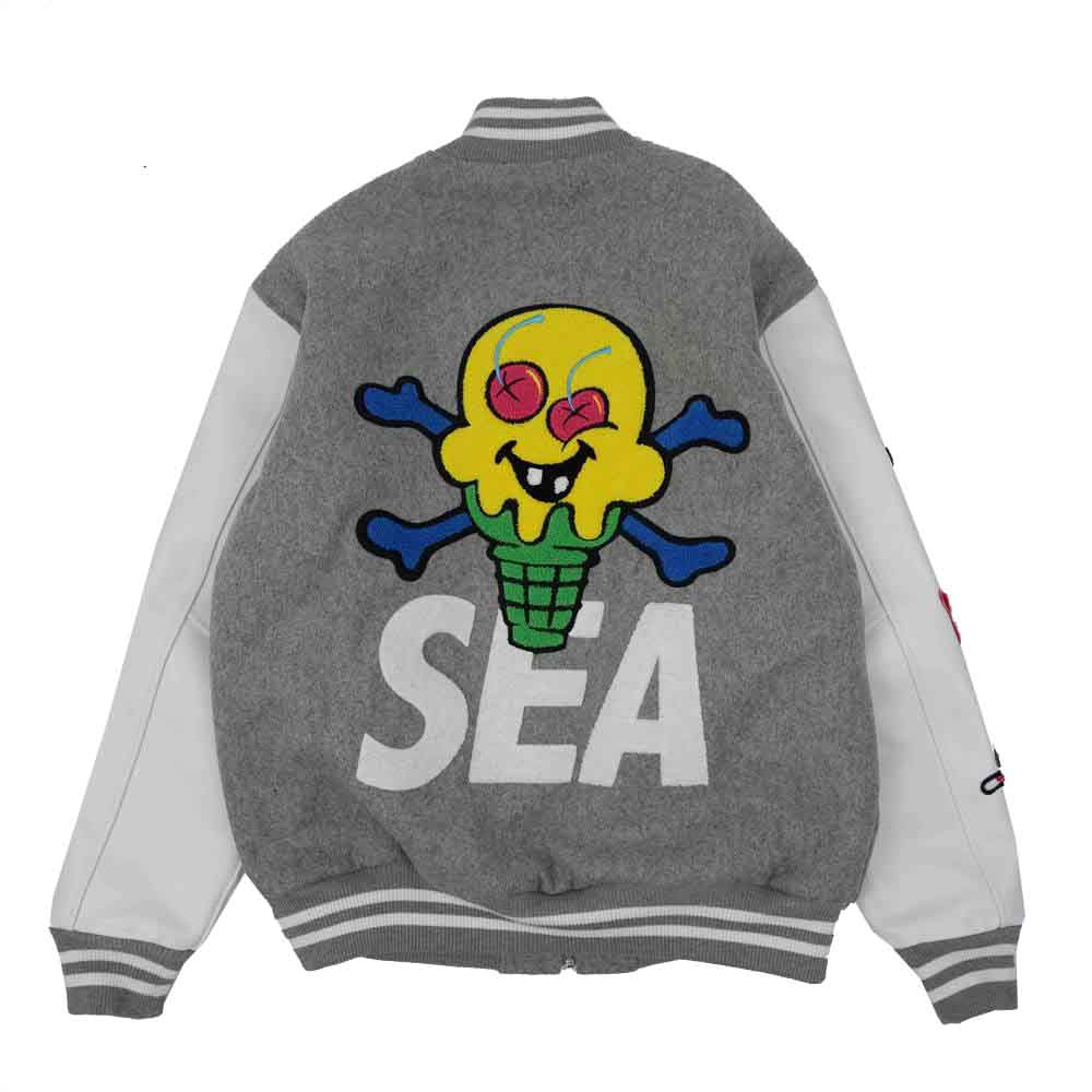 WIND AND SEA ウィンダンシー × ICECREAM アイスクリーム VARSITY JACKET ICJP215SX004 袖レザー 切替 ヴァーシティ ジャケット グレー系 ホワイト系 S【新古品】【未使用】【中古】