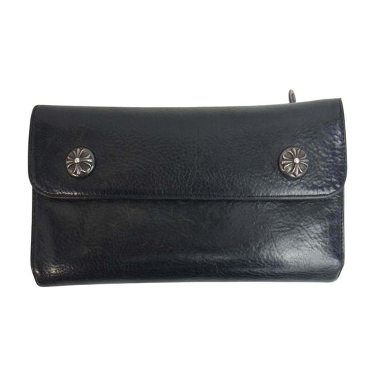 CHROME HEARTS クロムハーツ（原本無） WAVE ウェーブ クロスボール ボタン レザー ウォレット ブラック系【中古】