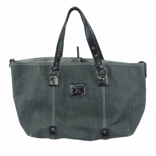BURBERRY BLUE LABEL バーバリーブルーレーベル ロゴ プレート付 船型 デニム トート バッグ グレー系【中古】