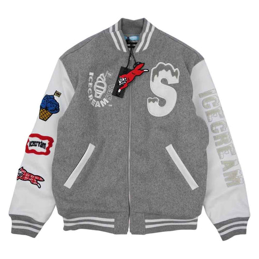WIND AND SEA ウィンダンシー ICJP215SX004 × ICECREAM アイスクリーム VARSITY JACKET バーシティ ジャケット スタジャン グレー系 L【新古品】【未使用】【中古】