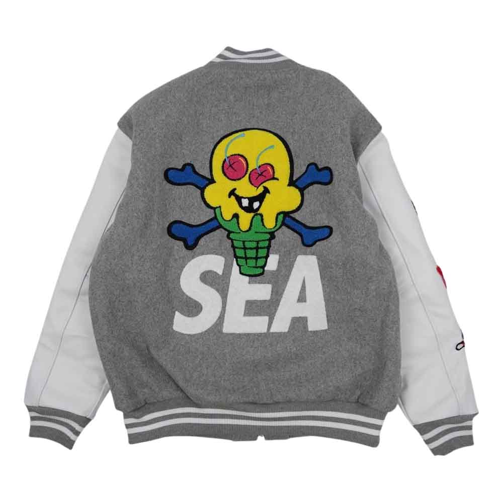 WIND AND SEA ウィンダンシー ICJP215SX004 × ICECREAM アイスクリーム VARSITY JACKET バーシティ ジャケット スタジャン グレー系 L【新古品】【未使用】【中古】