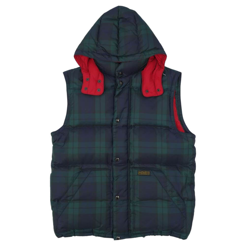 RALPH LAUREN ラルフローレン フード付き チェック ダウン ベスト グリーン系 L【中古】