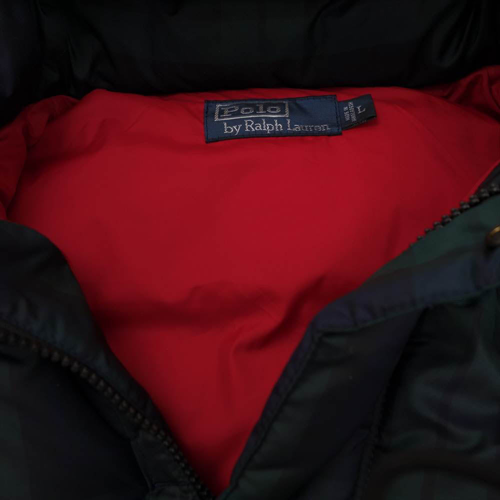 RALPH LAUREN ラルフローレン フード付き チェック ダウン ベスト グリーン系 L【中古】