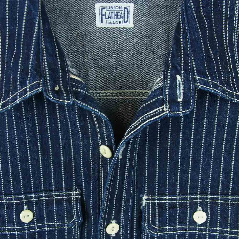 THE FLAT HEAD ザフラットヘッド 7011W ウォバッシュ ストライプ 長袖 ワーク シャツ インディゴブルー系 42【中古】