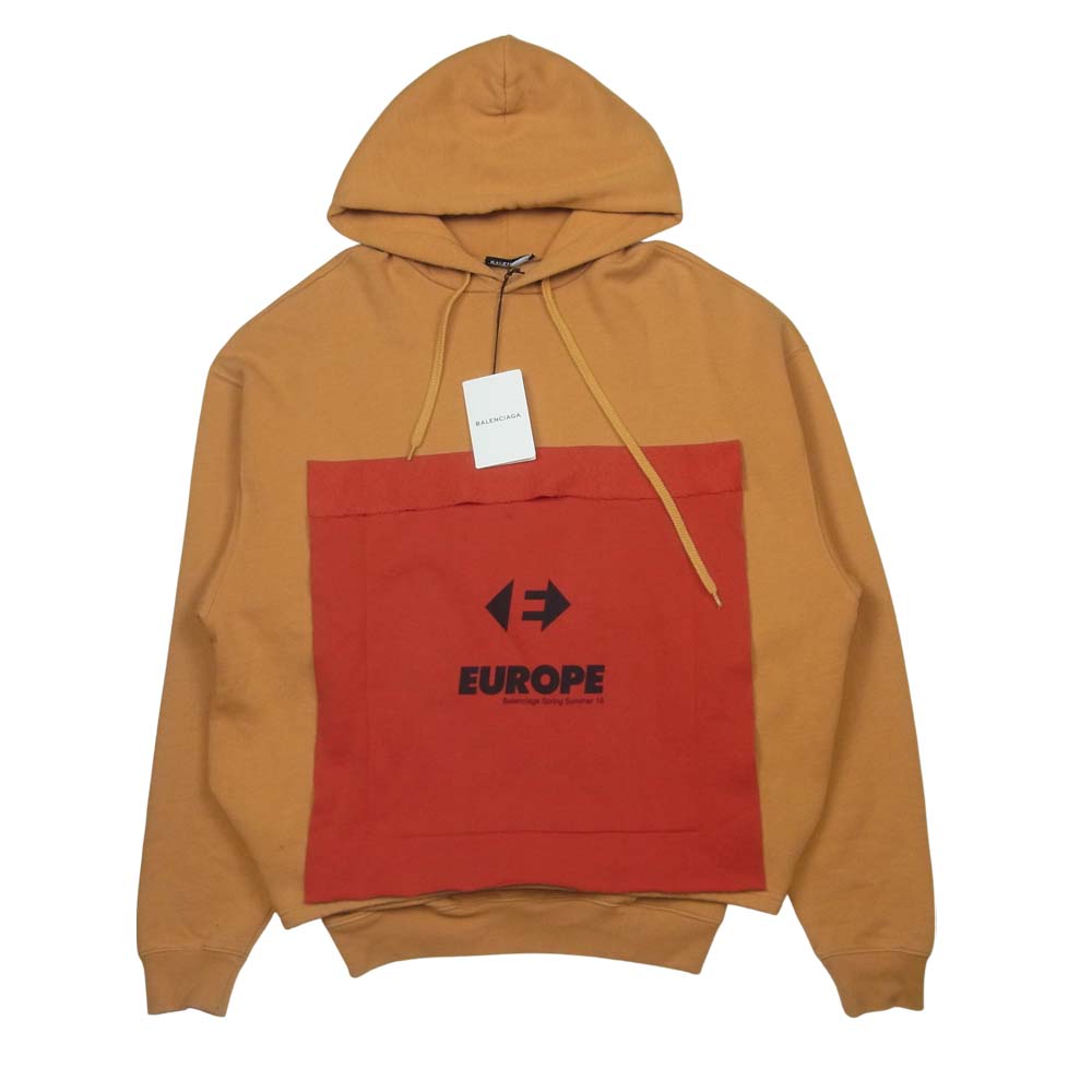BALENCIAGA バレンシアガ 18SS 509510 tyk47 EUROPE プリント ダブルヘム フーディ パーカー オレンジ系 XS【中古】
