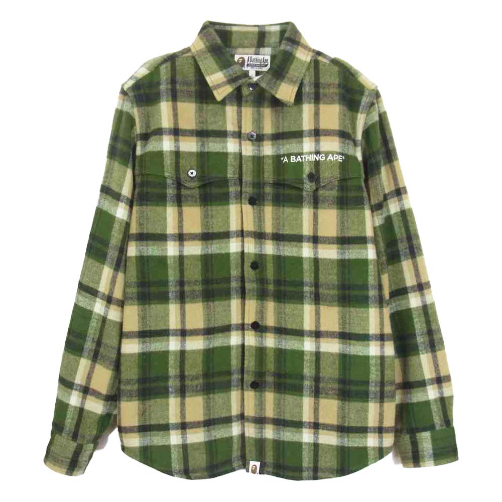 A BATHING APE アベイシングエイプ 001SHH801001M ロゴ刺繍 ウール チェック シャツ グリーン系 L【美品】【中古】