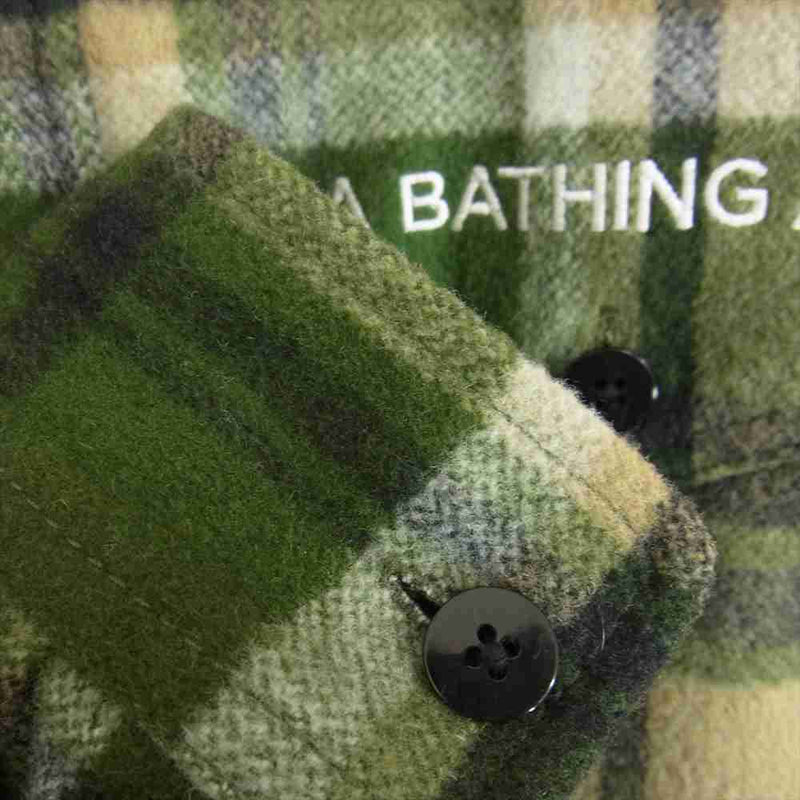 A BATHING APE アベイシングエイプ 001SHH801001M ロゴ刺繍 ウール チェック シャツ グリーン系 L【美品】【中古】