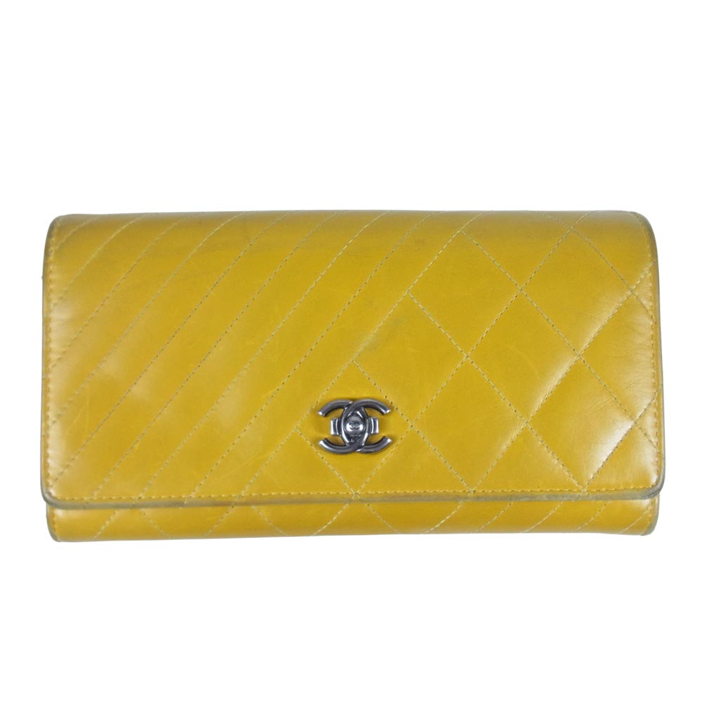 CHANEL シャネル ボーイシャネル ダブルステッチ ロング ウォレット 長財布 黄茶系【中古】