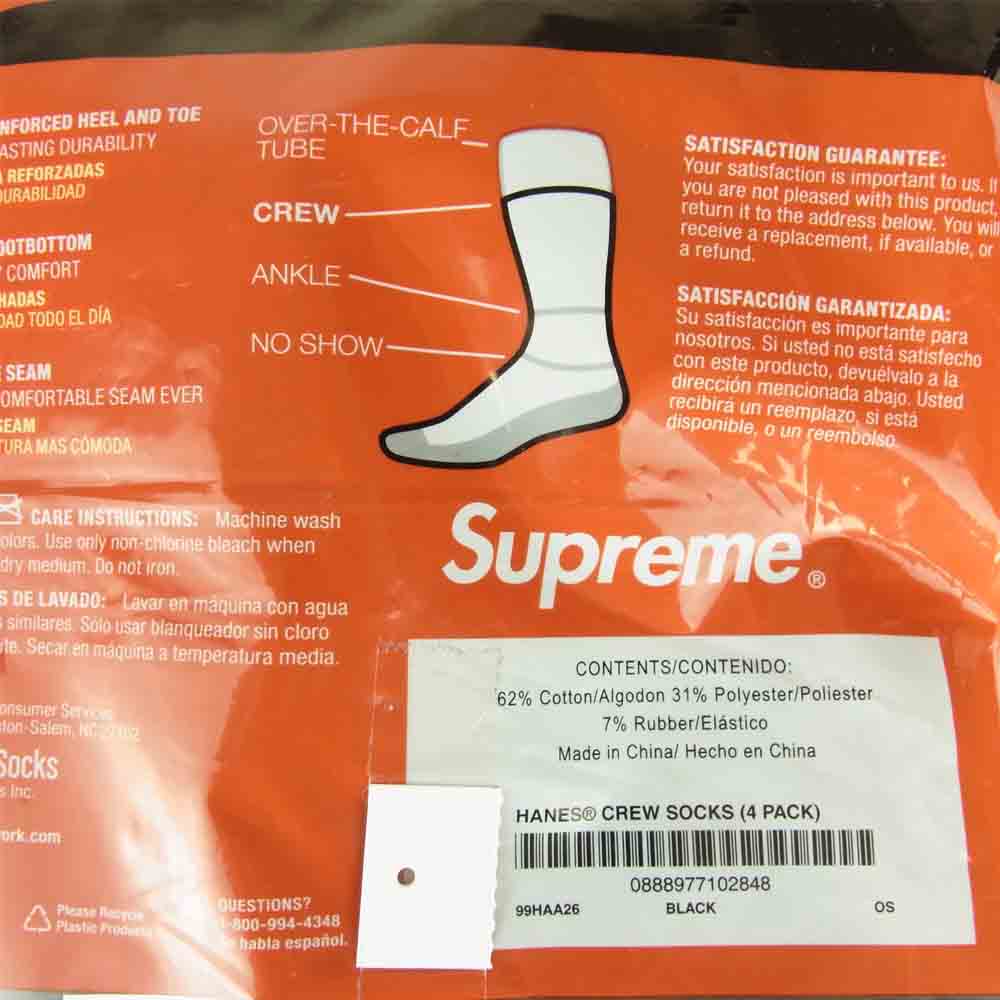 Supreme シュプリーム Hanes 4 PAIRS CUSHION CREW SOCKS ヘインズ クッション クルー ソックス 4足 ブラック系 6～12【新古品】【未使用】【中古】