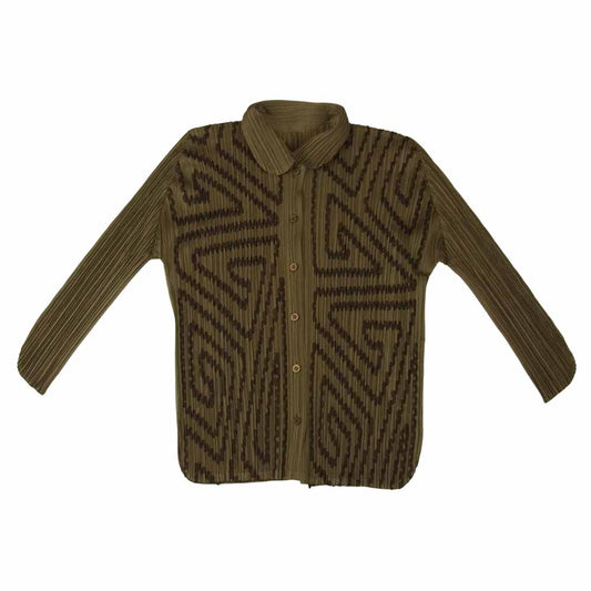 PLEATS PLEASE プリーツプリーズ イッセイミヤケ PP41-JJ745 七分袖 柄 丸襟 シャツ ブラウス カーキ系 4【中古】