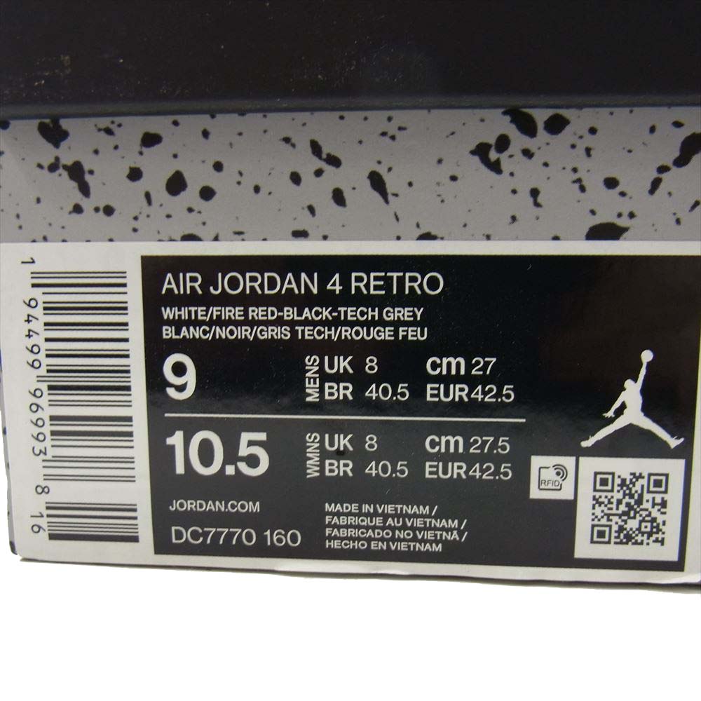 NIKE ナイキ DC7770-160 AIR JORDAN 4 RETRO WHITE/BLACK-TECH GREY-FIRE RED ナイキ エアジョーダン 4 レトロ ホワイト系 27㎝【新古品】【未使用】【中古】
