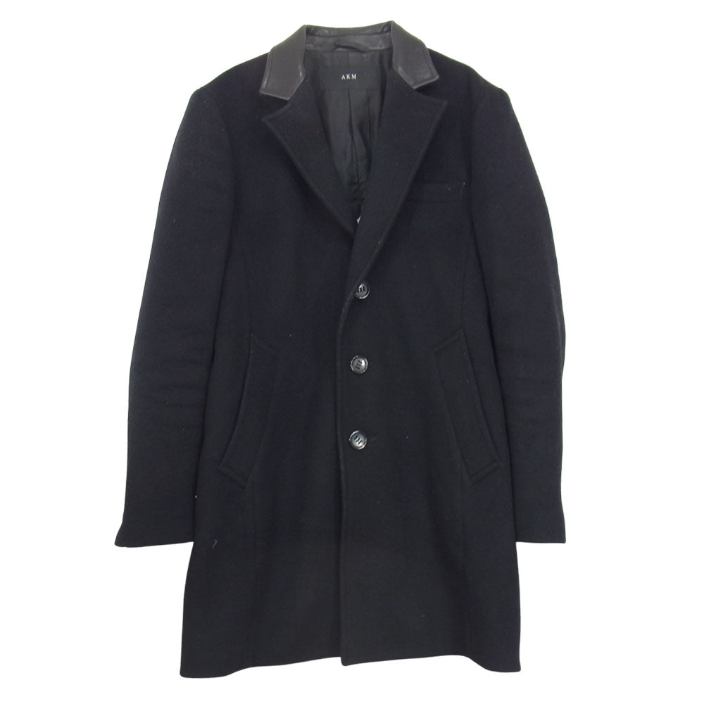 AKM エイケイエム COW LEATHER SINGLE CHESTER COAT カシミヤ混 カウレザー 切替 チェスターコート ブラック系 S【中古】