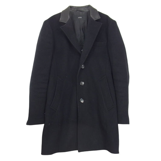 AKM エイケイエム COW LEATHER SINGLE CHESTER COAT カシミヤ混 カウレザー 切替 チェスターコート ブラック系 S【中古】