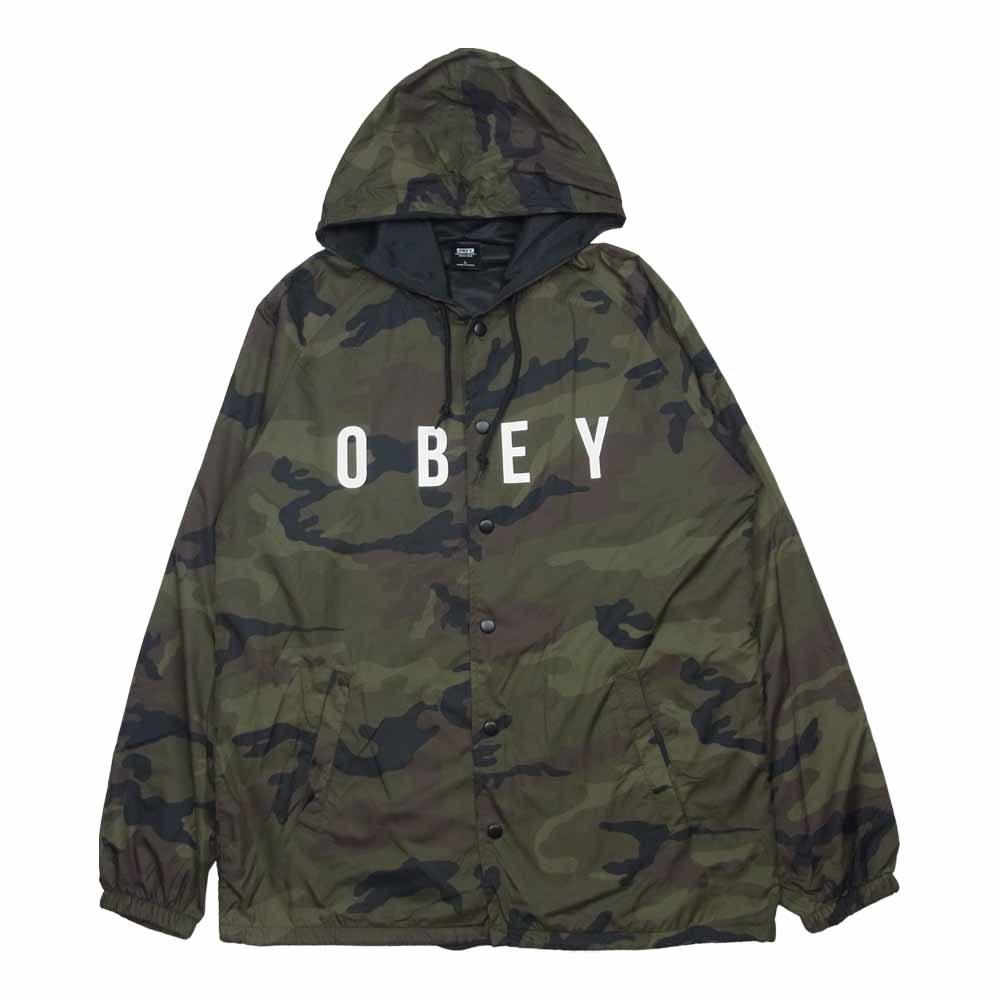 OBEY オベイ カモフラ ロゴ パーカー ナイロン 中国製 カーキ系 L【中古】