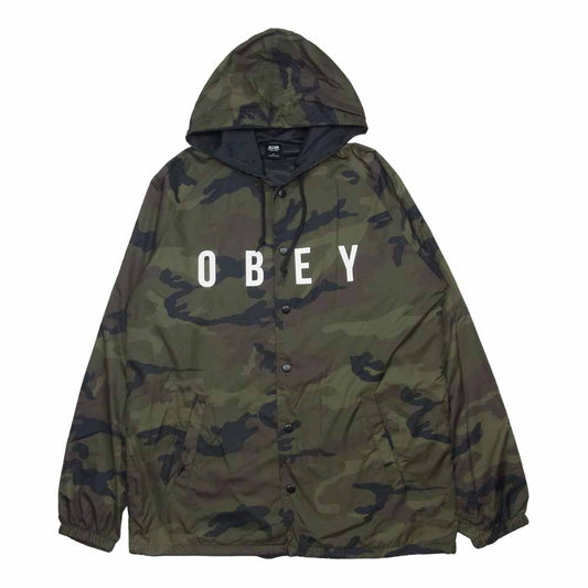 OBEY オベイ カモフラ ロゴ パーカー ナイロン 中国製 カーキ系 L【中古】