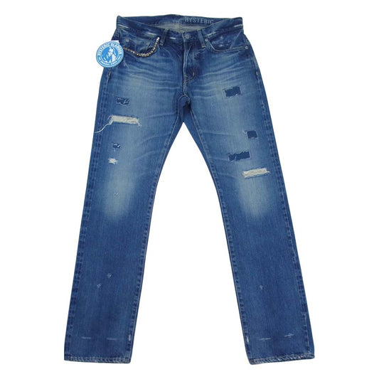 HYSTERIC GLAMOUR ヒステリックグラマー 0263AP23 SP加工 小窓 スタッズ リメイク ストレート デニム パンツ インディゴブルー系 32【新古品】【未使用】【中古】