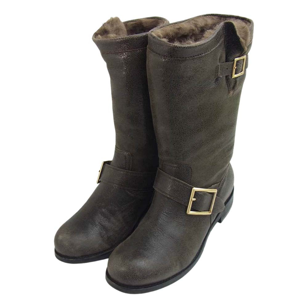 JIMMY CHOO ジミーチュウ 112 BIKER シャイニーレザー ファー エンジニアブーツ TAUPE 37 1/2【中古】