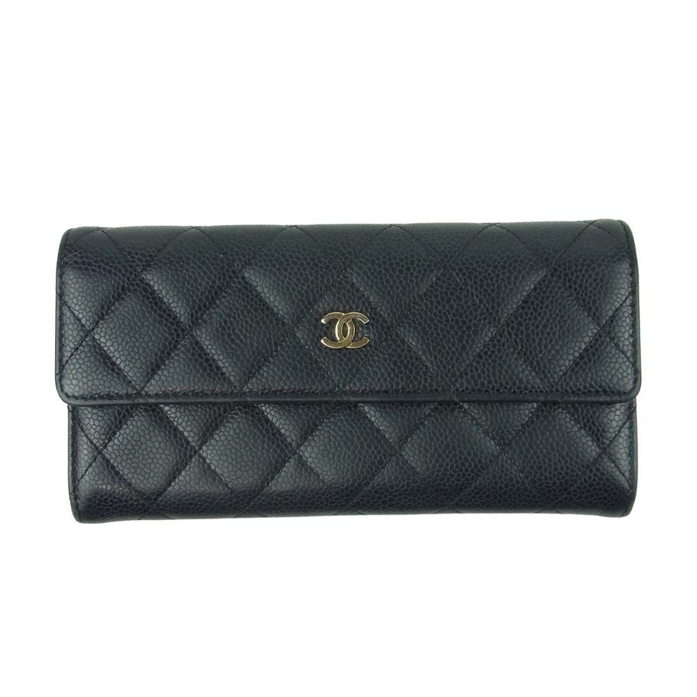 CHANEL シャネル A50096 マトラッセ キャビアスキン 2つ折り 財布 イタリア製 ブラック系【中古】