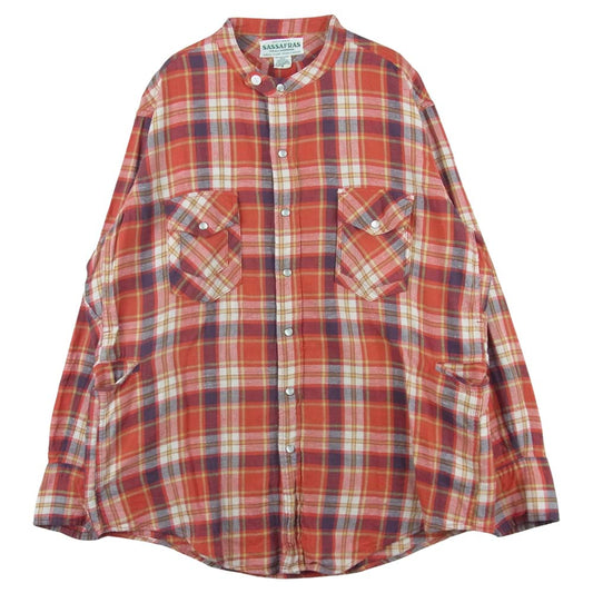 SASAFRAS ササフラス Weeds Barrow The Band Half ウィーズ バロー ザ バンド チンストラップ スナップボタン 長袖 チェック シャツ レッド系 イエロー系 S【中古】