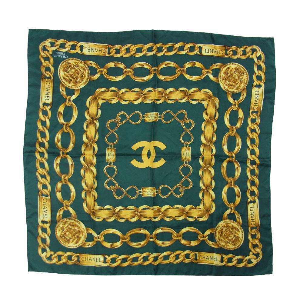CHANEL シャネル チェーン ベルト 柄 スカーフ タグ無し グリーン系 表記無し【中古】