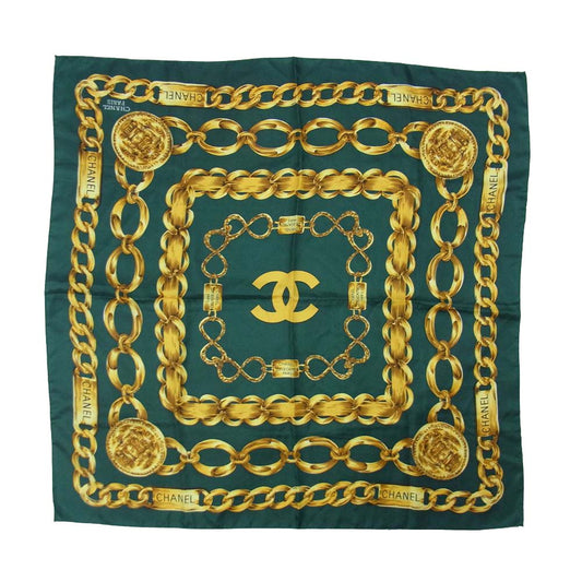 CHANEL シャネル チェーン ベルト 柄 スカーフ タグ無し グリーン系 表記無し【中古】