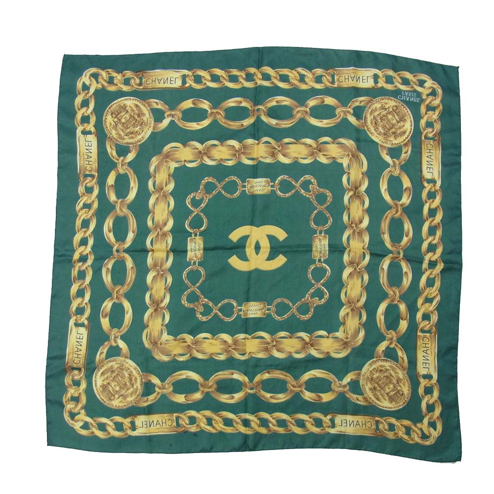 CHANEL シャネル チェーン ベルト 柄 スカーフ タグ無し グリーン系 表記無し【中古】