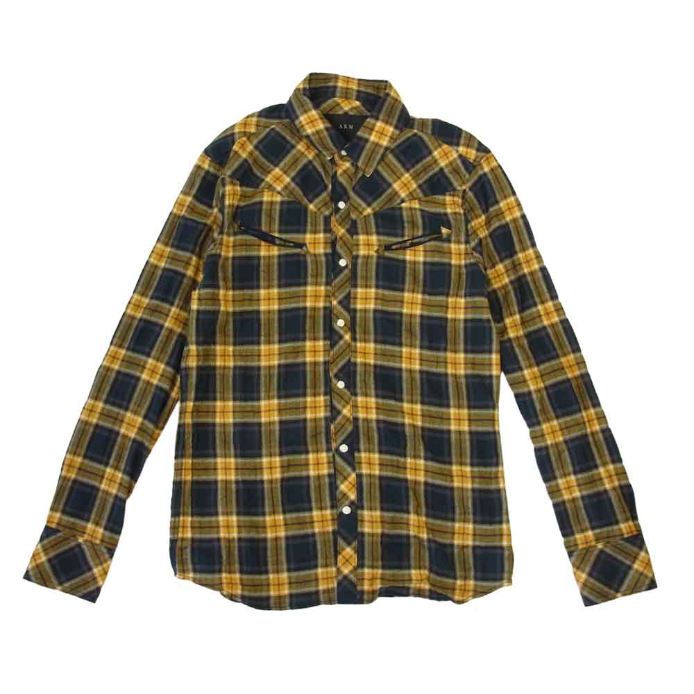 AKM エイケイエム S111 CNU153 L-S CHECK western shirt 長袖 チェック ウエスタン シャツ イエロー系 L【美品】【中古】