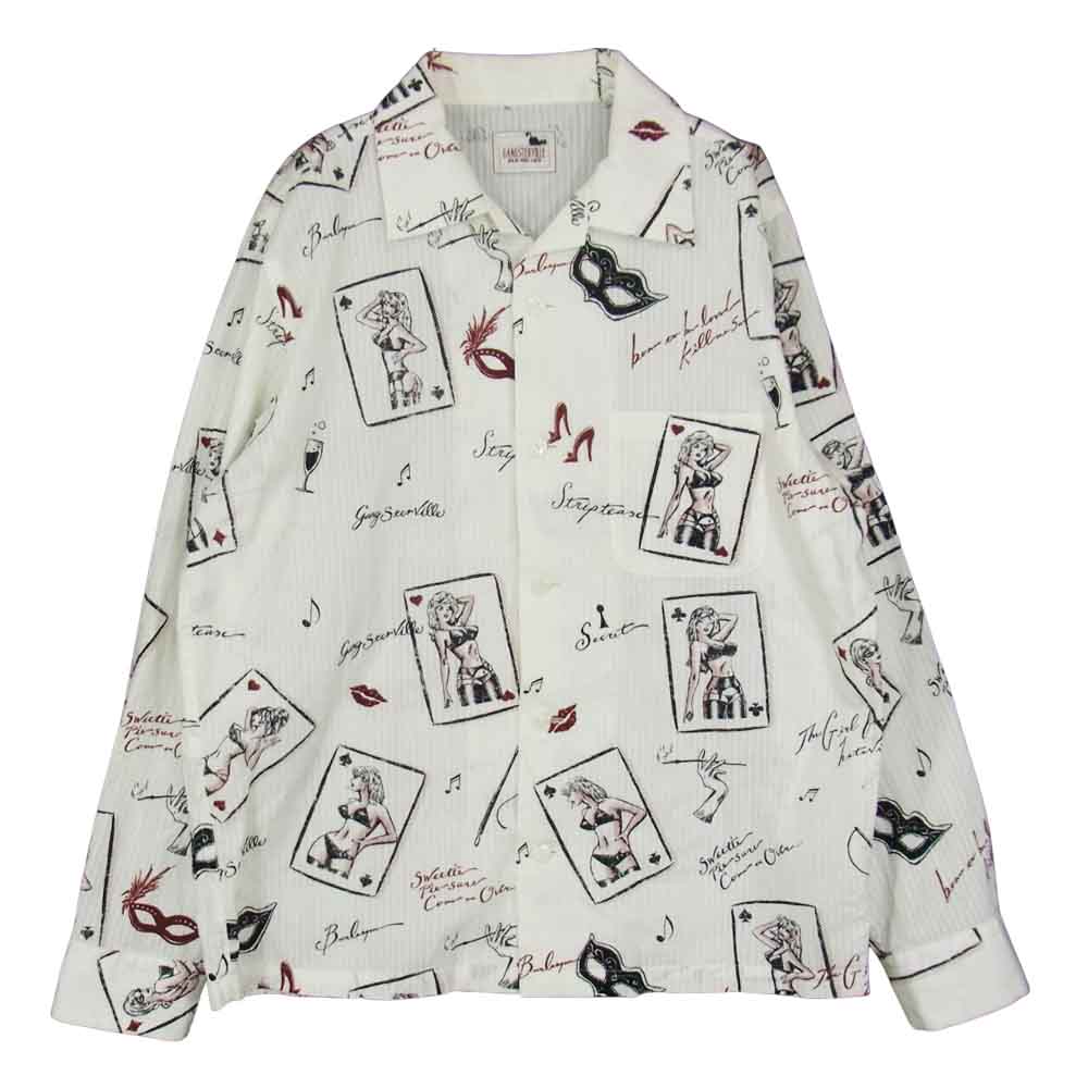 GANGSTERVILLE ギャングスタービル GSV-18-SS-18 THUG QUEEN-L/S SHIRTS クイーン トランプ 長袖 シャツ ホワイト系 L【中古】